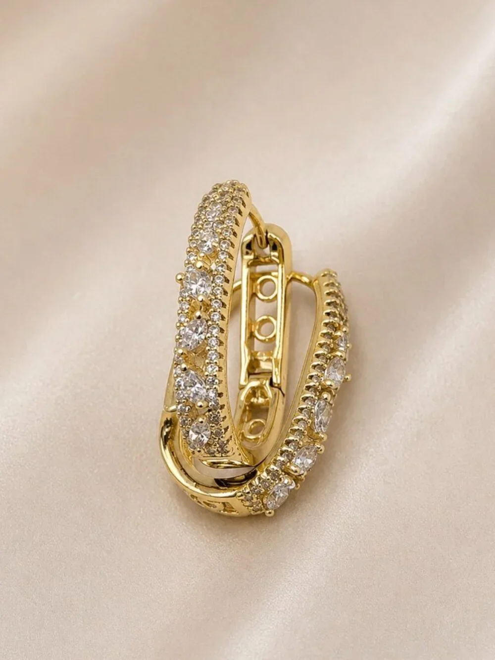 Pave Oval Huggie Hoop Earrings-14K Gold Plated -CZ Statement Earrings- Brand New